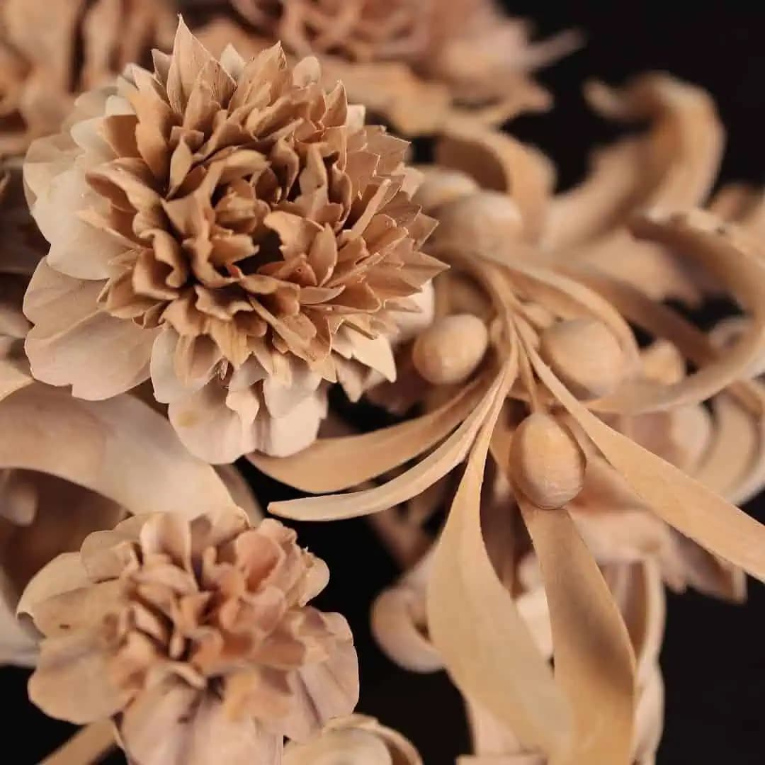Carved Peony Blossom Spray Detailed limewood peony flowers and buds, a custom wood carving by Alexander Grabovetskiy.
