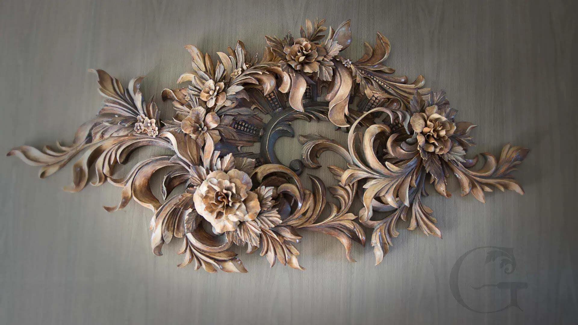 Carved Floral and Acanthus Wall Relief Deep-relief limewood panel with roses and acanthus scrolls, custom wood carving by Alexander Grabovetskiy.