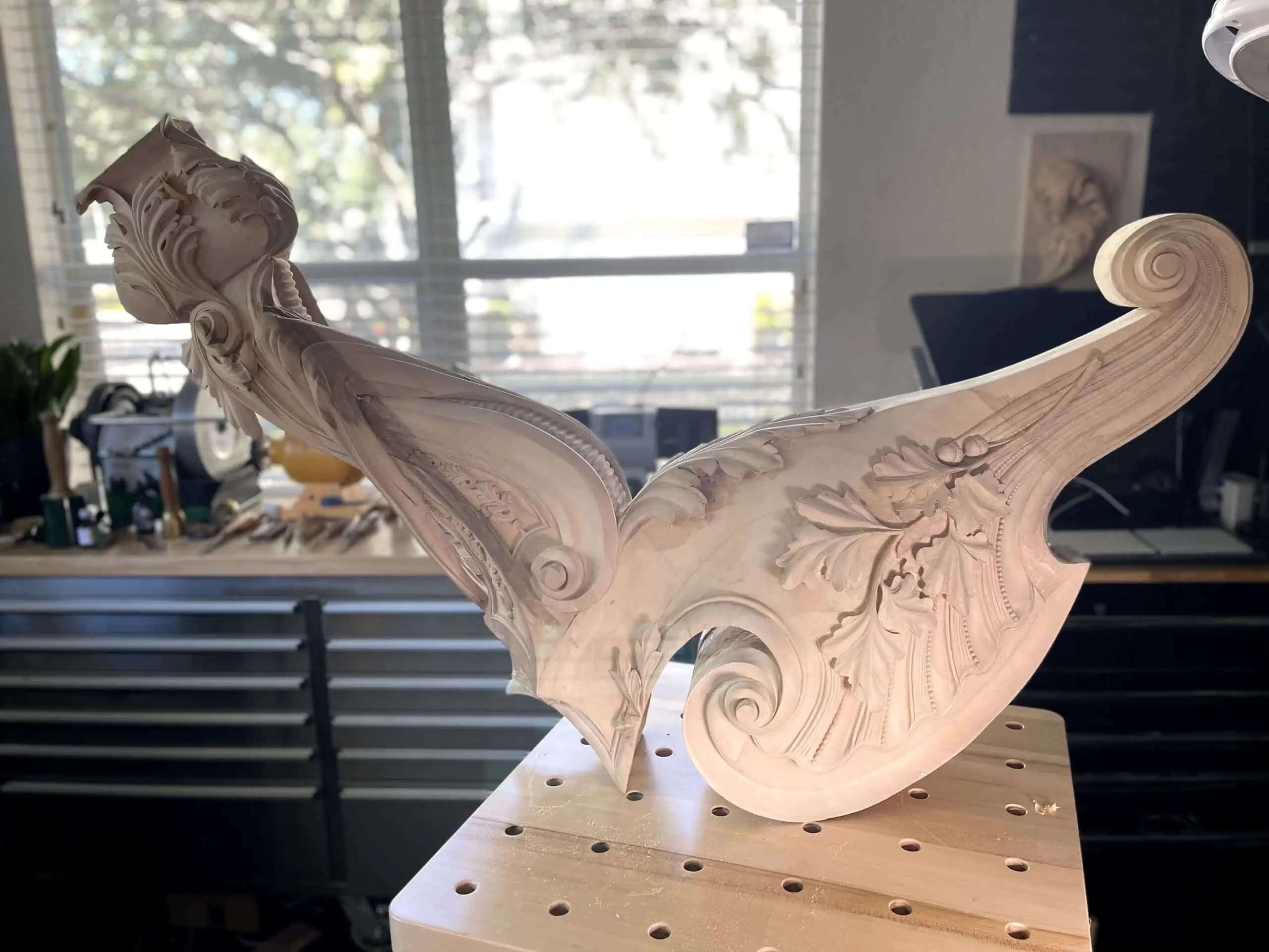 Carved Figural Cornucopia with Maiden Limewood figural cornucopia with a maiden's head and acanthus scrolls, a custom wood carving by Alexander Grabovetskiy.