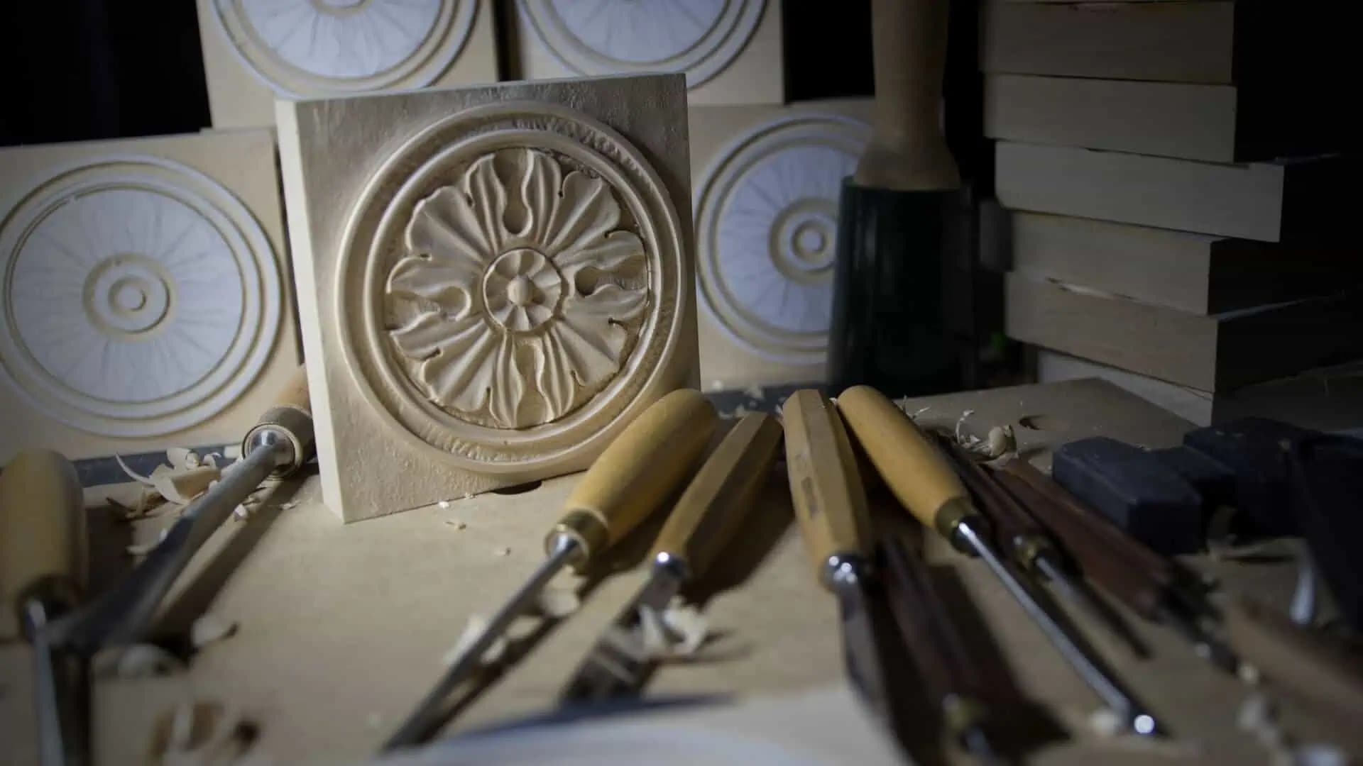 Carved Rosette Rondel Panel Square limewood rosette panel hand-carved by Alexander Grabovetskiy, a custom wood carving on a carving bench with chisels.