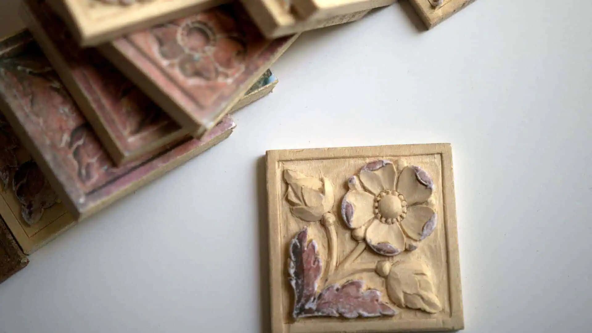 Carved Wild Rose Tile Panel Square limewood tile with a carved wild rose, custom wood carving by Alexander Grabovetskiy.
