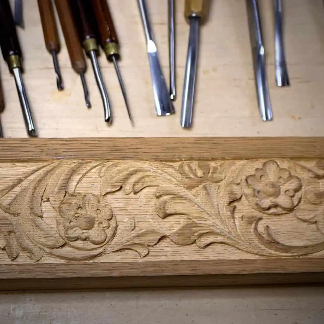 Carved Acanthus and Rosette Oak Molding Oak molding with carved acanthus scrolls and rosettes by Alexander Grabovetskiy, a custom wood carving in progress.