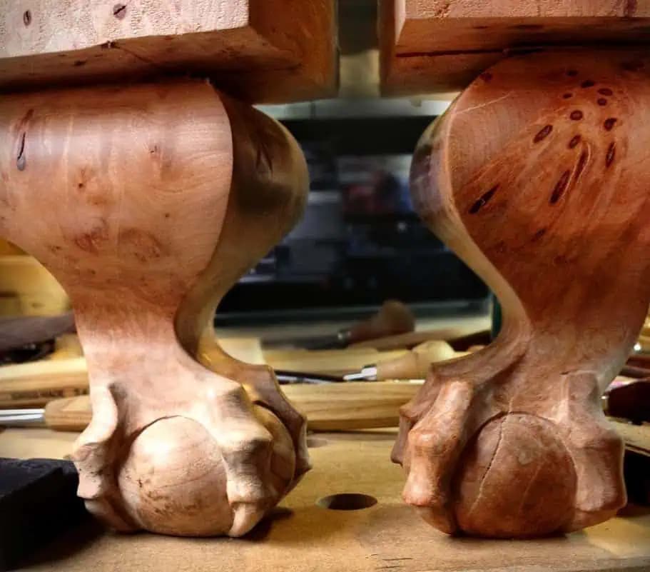 Carved Ball-and-Claw Cabriole Legs Two ball-and-claw cabriole table legs hand-carved by Alexander Grabovetskiy as a custom wood carving.