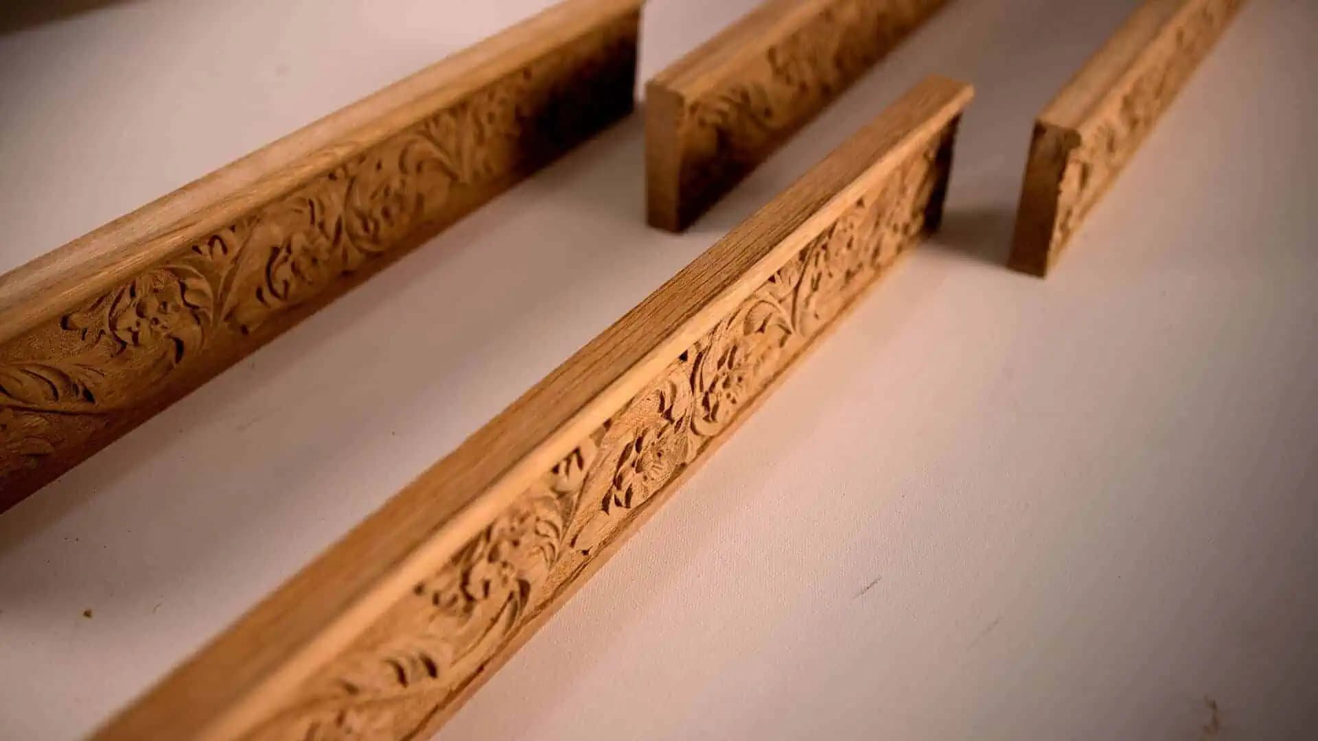 Carved Floral Molding Strips Oak molding strips with carved floral and leaf detail, custom wood carving by Alexander Grabovetskiy.