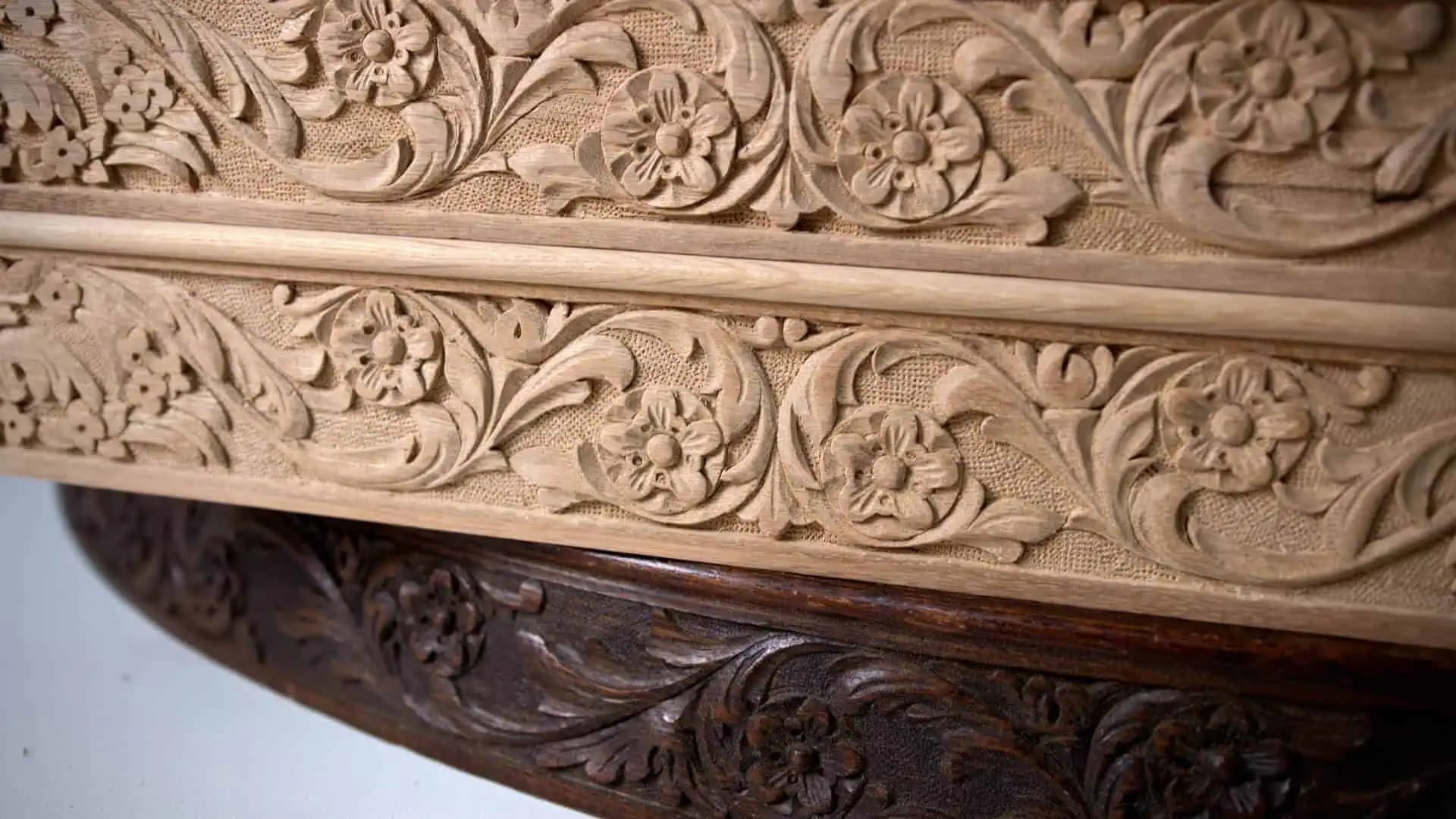 Carved Floral Scroll Frieze Floral scrollwork frieze freshly carved by Alexander Grabovetskiy as a custom wood carving in pale oak.