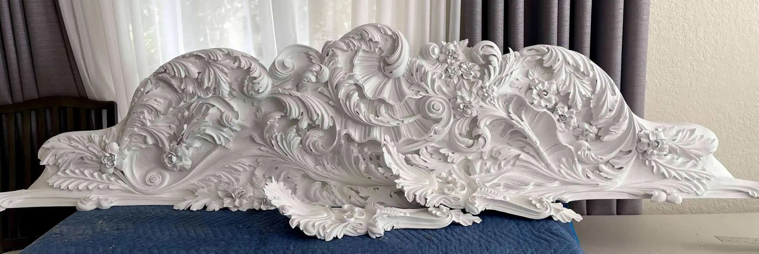Baroque Acanthus Overdoor Cartouche White-primed Baroque overdoor cartouche with scrolling acanthus and flowers, custom wood carving by Alexander Grabovetskiy.
