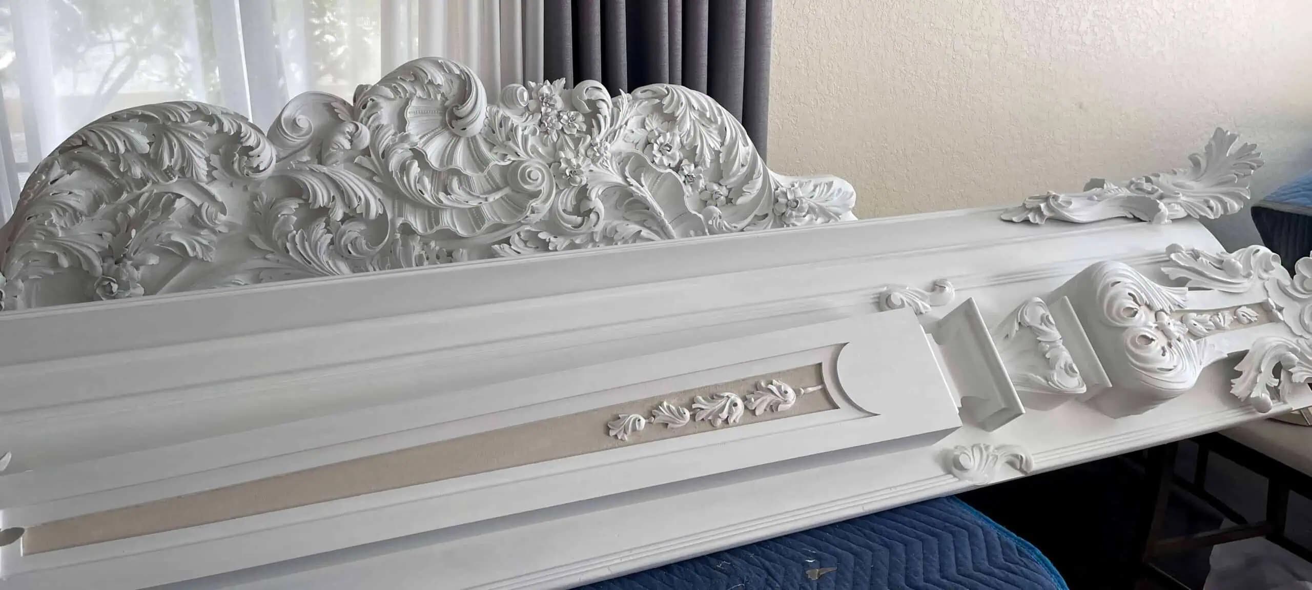 Baroque Crested Cornice with Acanthus Scrolls White-painted Baroque cornice crest with acanthus scrolls and flowers, custom wood carving by Alexander Grabovetskiy.