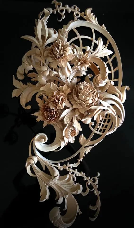 Carved Floral and Acanthus Cartouche Panel Pierced limewood floral panel with chrysanthemums and acanthus scrolls, custom wood carving by Alexander Grabovetskiy.