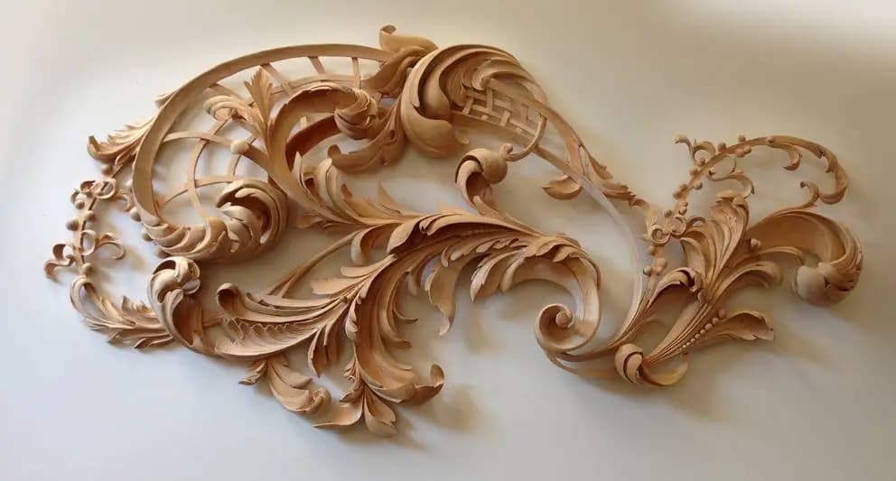 Baroque Acanthus Scroll Relief Panel Flowing acanthus scrollwork relief carved in limewood by Alexander Grabovetskiy as custom wood carving.