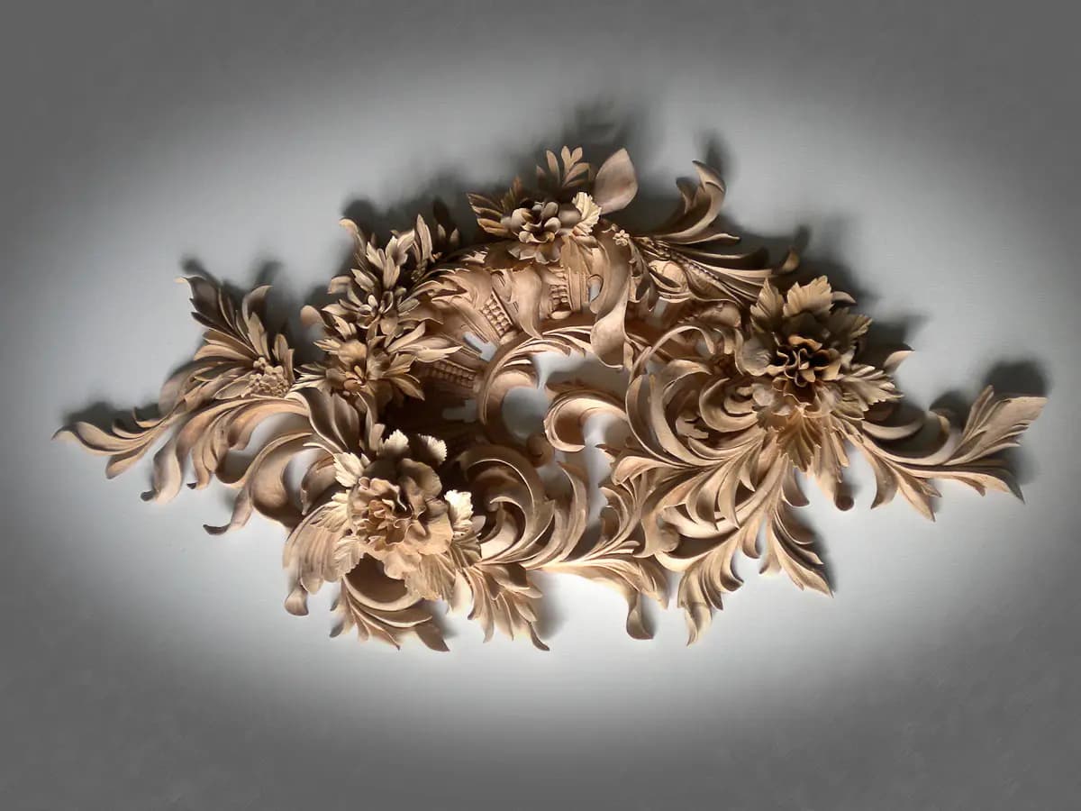 Baroque Floral and Acanthus Cartouche Limewood floral and acanthus cartouche, a custom wood carving by Alexander Grabovetskiy with high-relief blossoms and scrolls.