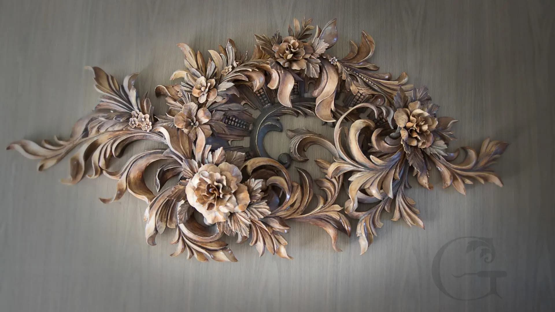 Carved Floral and Acanthus Wall Cartouche Limewood floral and acanthus cartouche, a custom wood carving by Alexander Grabovetskiy, mounted on a wall.