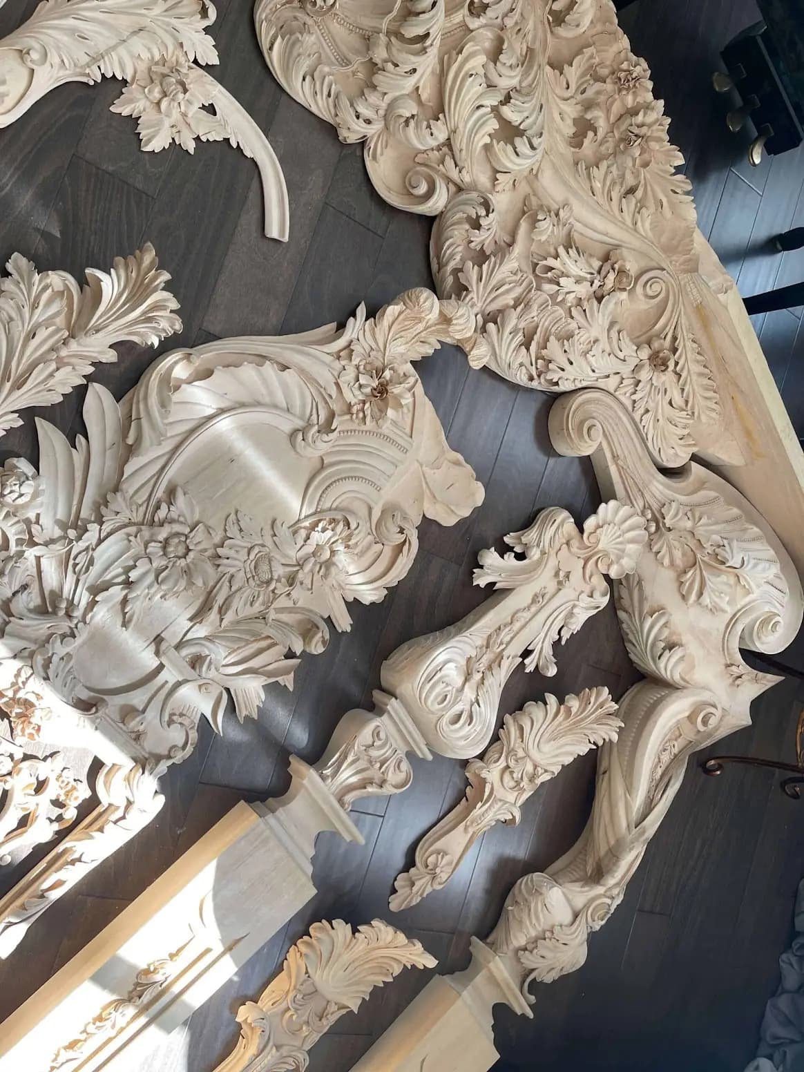 Baroque Floral and Acanthus Carved Components Unfinished Baroque carved wood components with acanthus and floral scrolls, custom wood carving by Alexander Grabovetskiy.