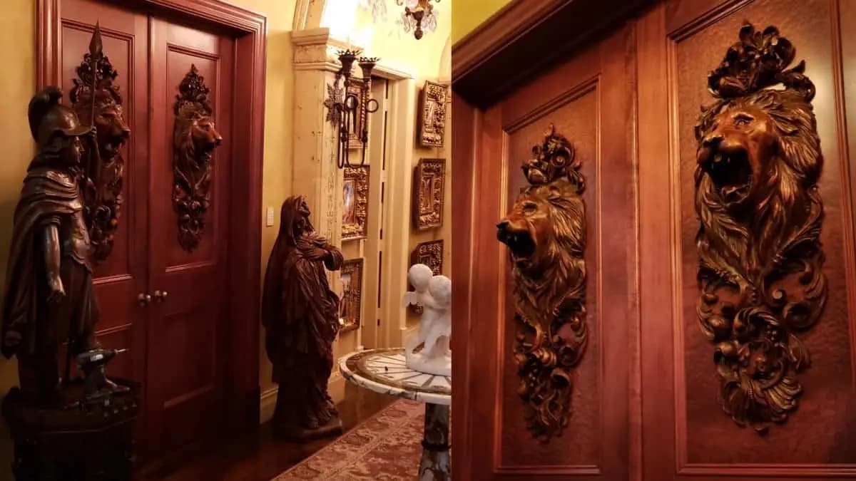 Carved Lion Head Door Panels Limewood lion heads with acanthus scrollwork on wood doors, custom wood carving by Alexander Grabovetskiy.