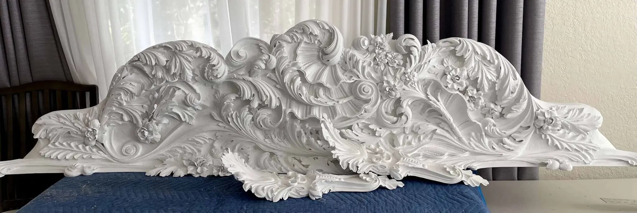 Baroque Scrollwork and Acanthus Overdoor Crest Symmetrical Baroque overdoor crest with acanthus and scrolls, custom wood carving by Alexander Grabovetskiy.