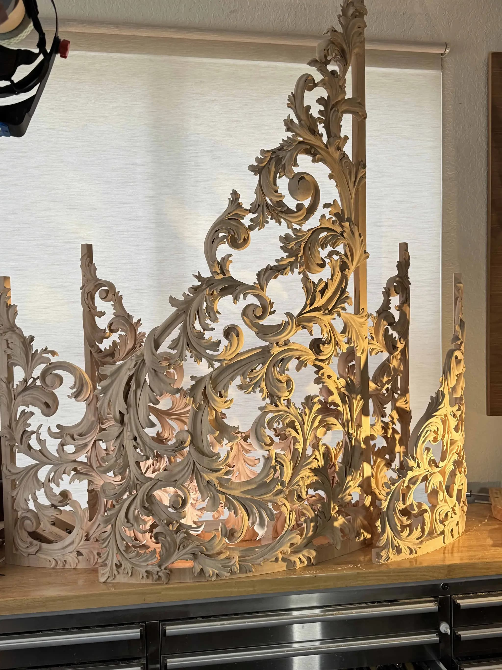 Pierced Acanthus Pipe Organ Shades Curved acanthus pipe organ shades, a custom wood carving by Alexander Grabovetskiy in limewood.
