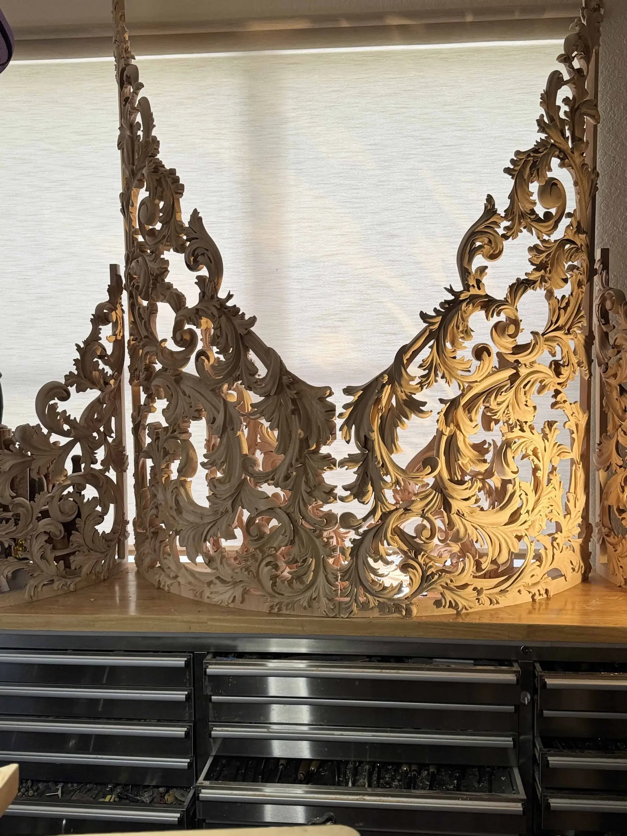 Pierced Acanthus Pipe Organ Shade Curved limewood pipe organ shade with pierced acanthus scrollwork, custom wood carving by Alexander Grabovetskiy.