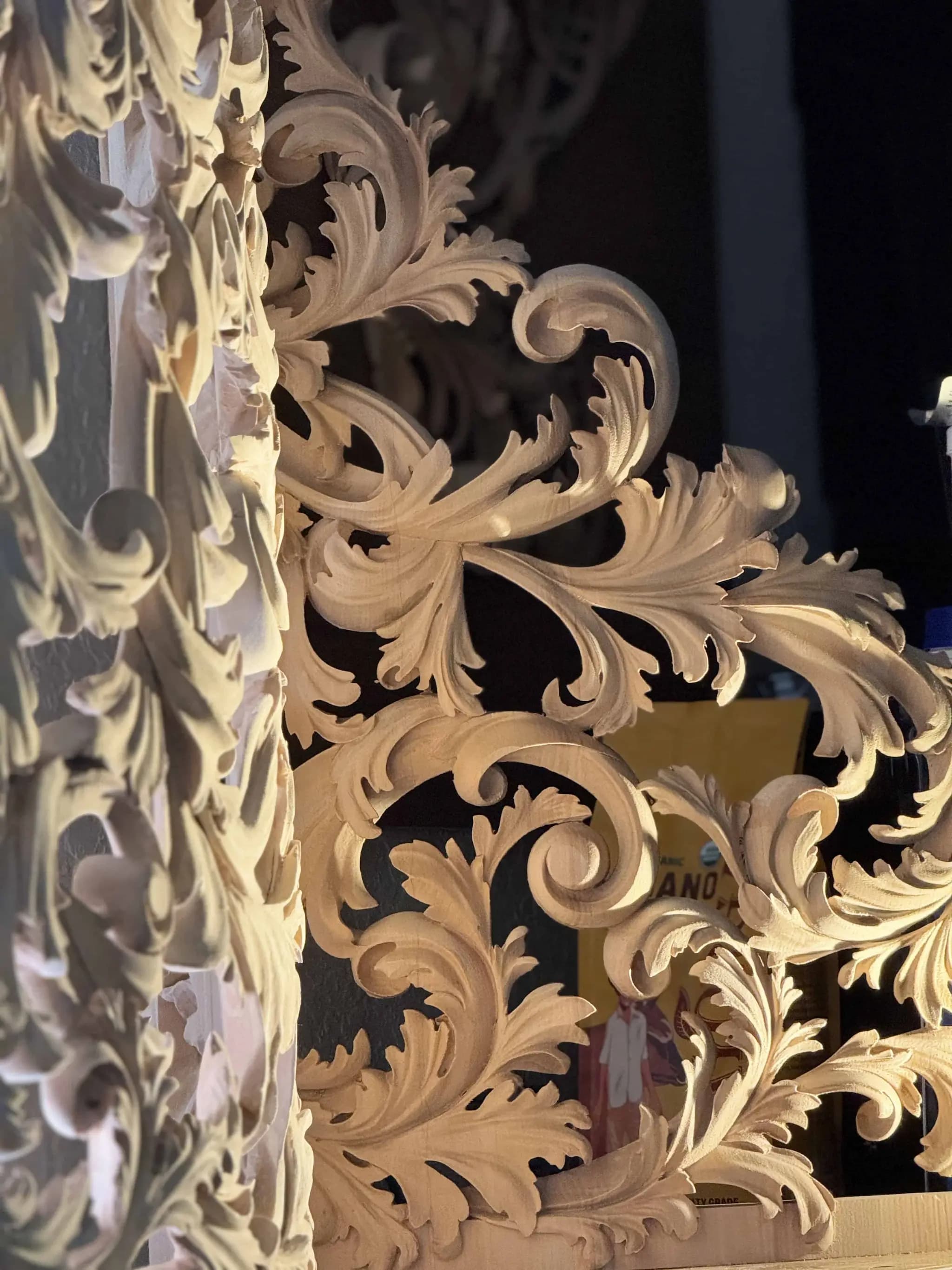 Baroque Acanthus Pipe Organ Shade Limewood acanthus scrollwork pipe organ shade, custom wood carving by Alexander Grabovetskiy in his workshop.