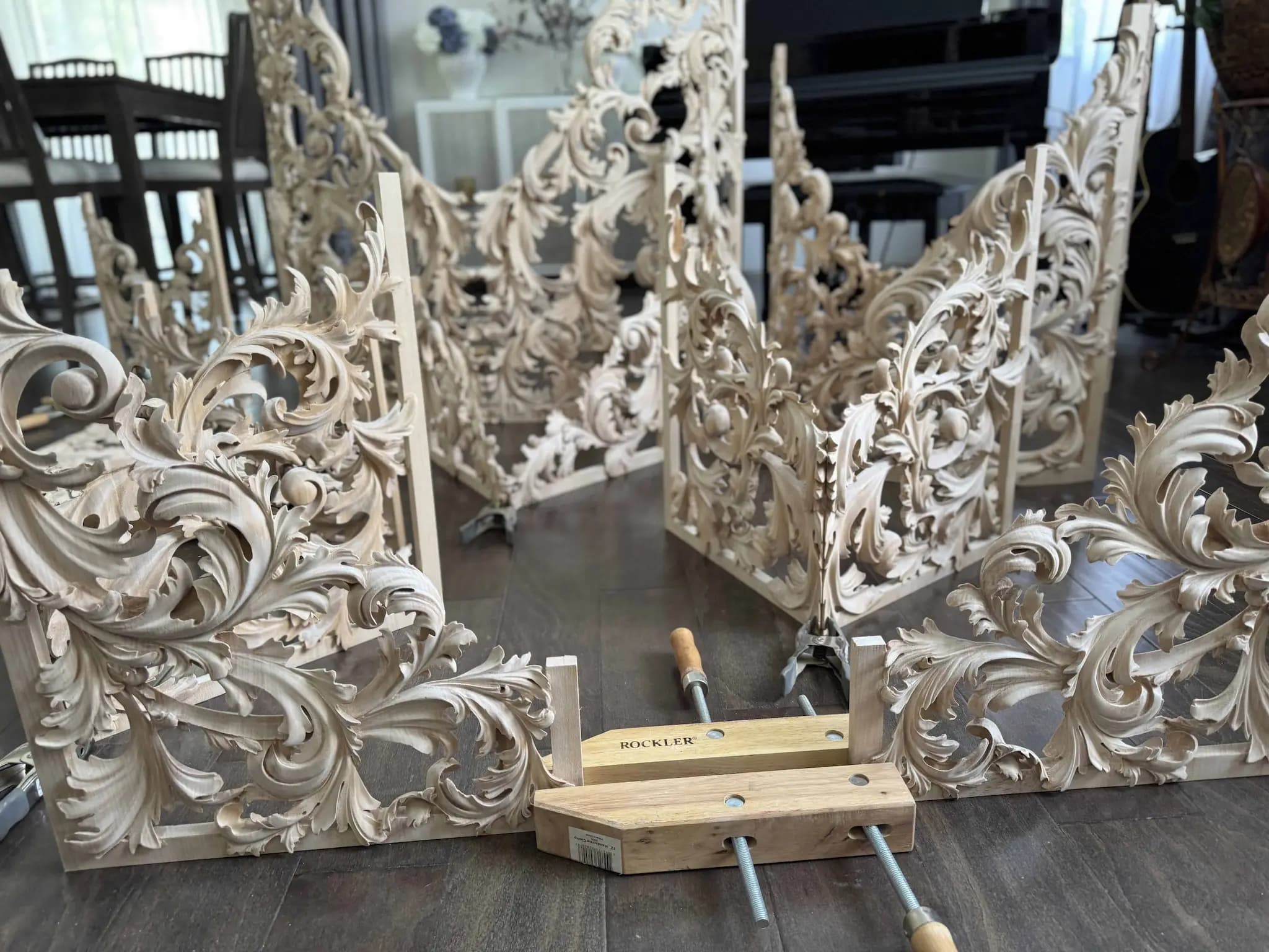 Carved Acanthus Pipe Organ Shades Limewood organ shades with flowing acanthus scrolls, custom wood carving by Alexander Grabovetskiy, mid-assembly.