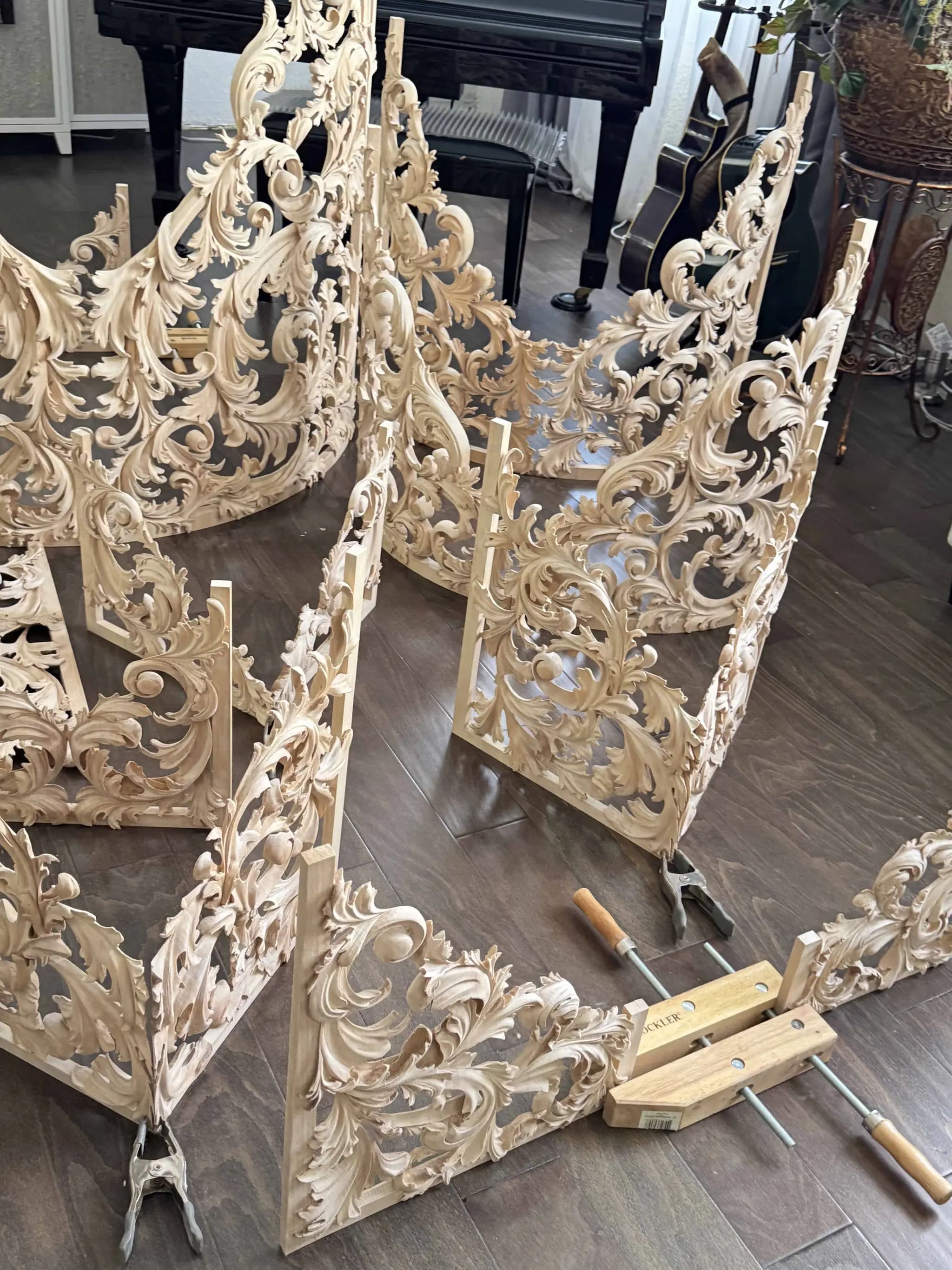 Baroque Acanthus Pipe Organ Shades Pierced limewood pipe organ shades with acanthus scrollwork, custom wood carving by Alexander Grabovetskiy.