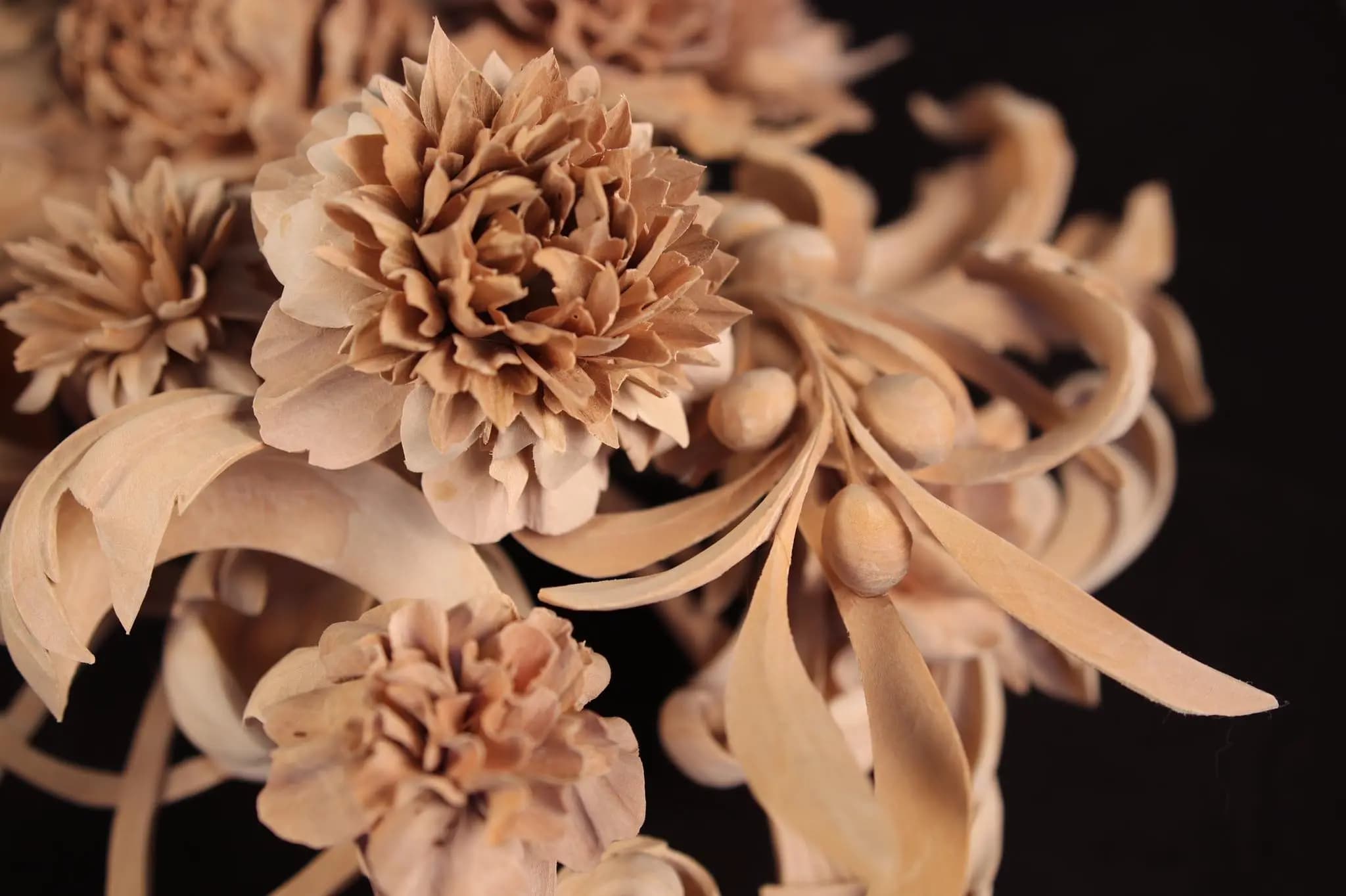 Carved Limewood Floral Bouquet Hand-carved limewood blossoms and leaves by Alexander Grabovetskiy, a custom wood carving with deep undercut petals.