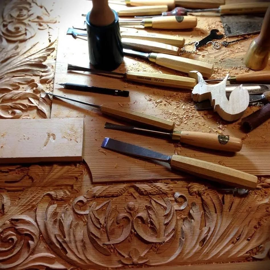 Acanthus Relief Panel In Progress Limewood acanthus panel with carving gouges by Alexander Grabovetskiy, a custom wood carving in progress.