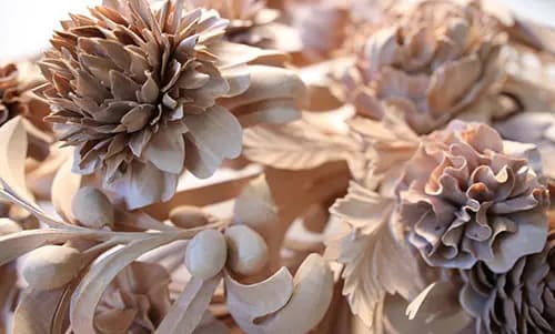 Carved Floral Bouquet in Deep Relief Deeply carved limewood flowers and foliage, custom wood carving by Alexander Grabovetskiy.