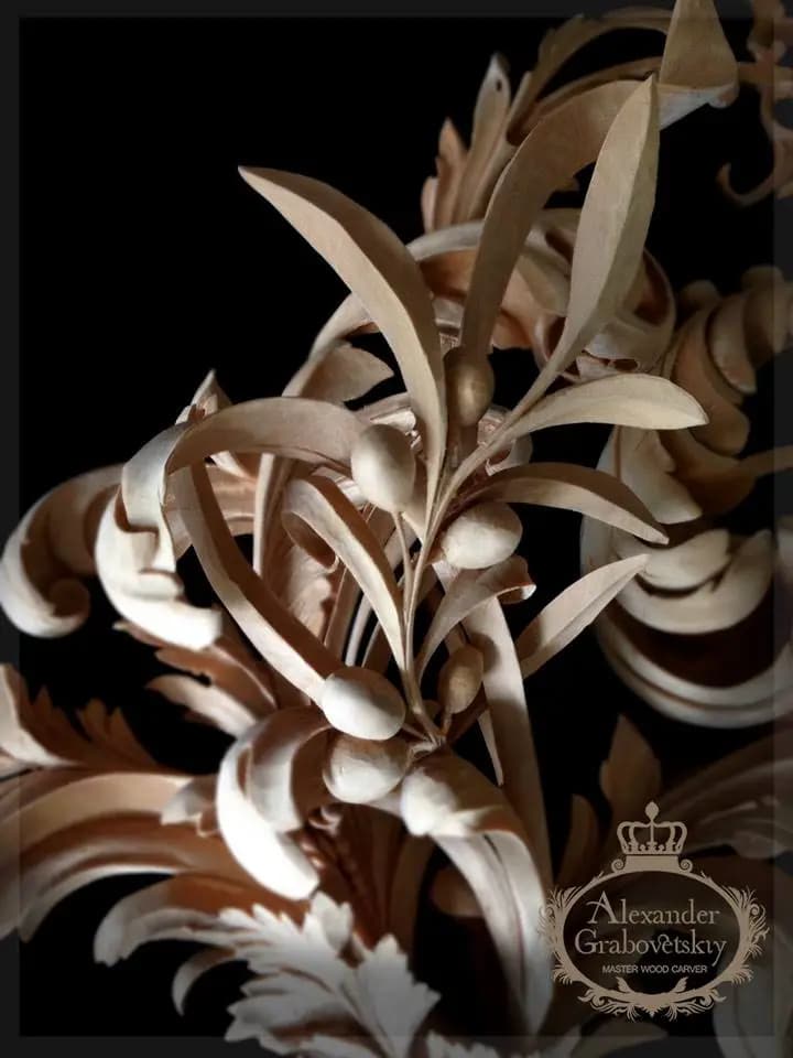 Carved Foliage and Berry Spray Limewood foliage and berry spray with acanthus scrolls, a custom wood carving by Alexander Grabovetskiy.