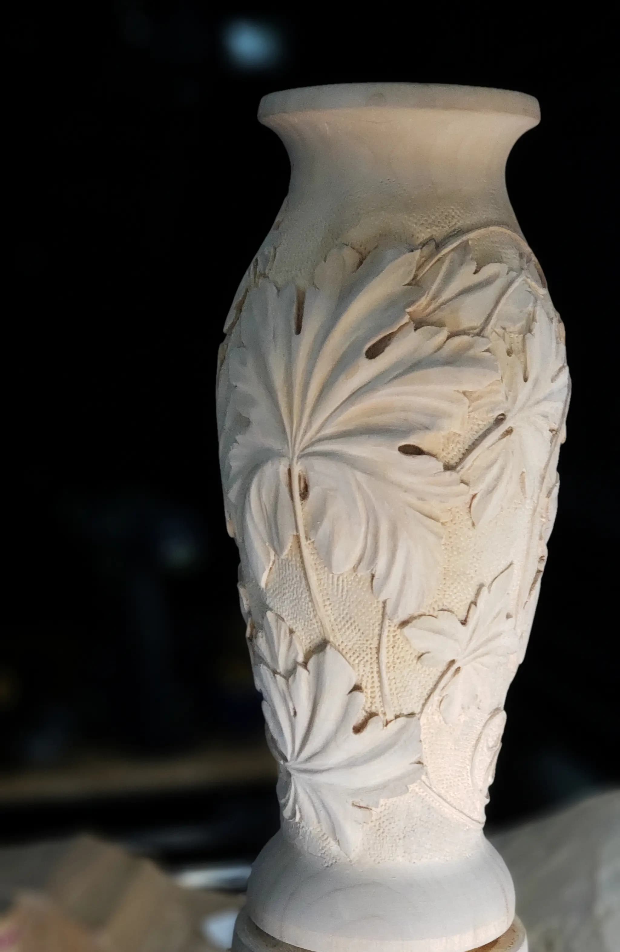 Carved Acanthus Leaf Vase Turned limewood vase with deep-relief acanthus leaves, a custom wood carving by Alexander Grabovetskiy.